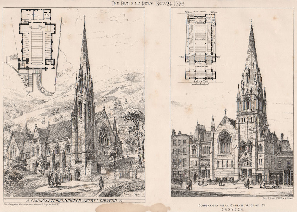 Congregational Churches in Malvern & George St., Croydon 1876 old print